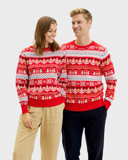 Organic Red Couples Christmas Sweater - Snowmen and Trees