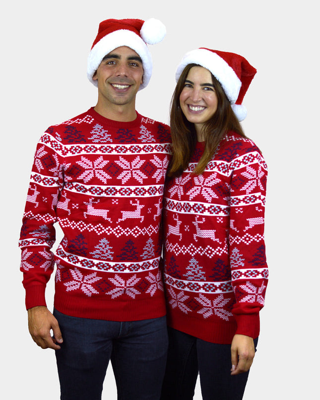 Classic Red Couples Christmas Sweater with Polar Stars