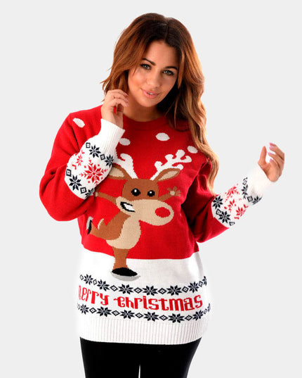 Christmas Sweater for Men Red with Skating Reindeer