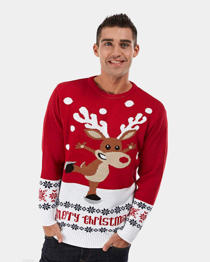 Women's Red Sweater with Skating Reindeer