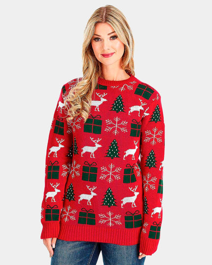 Red Christmas Sweater with Reindeer, Gifts, and Trees