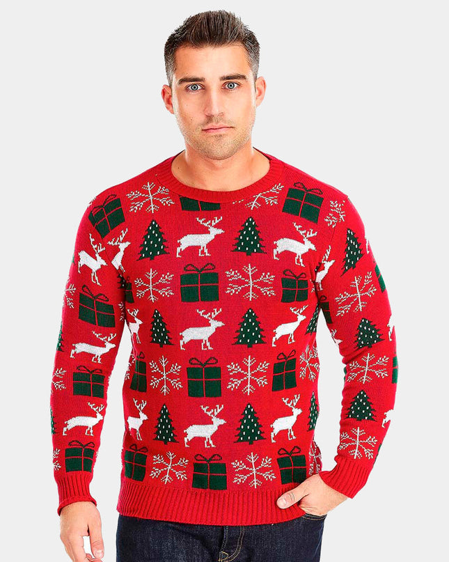 Red Christmas Sweater with Reindeer, Gifts, and Trees