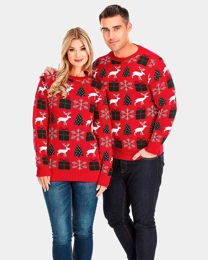 Red Christmas Sweater with Reindeer, Gifts, and Trees