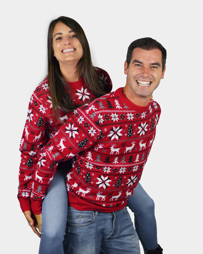 Red Couples Christmas Sweater - Reindeer, Trees, and Polar Stars