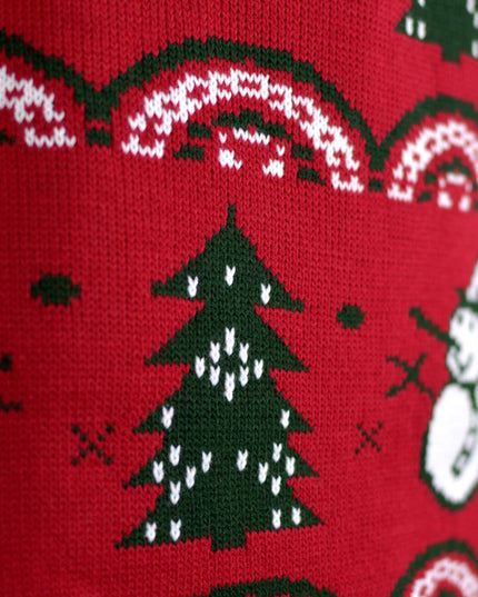 Couple's Christmas Sweater Red with Trees and Snowmen
