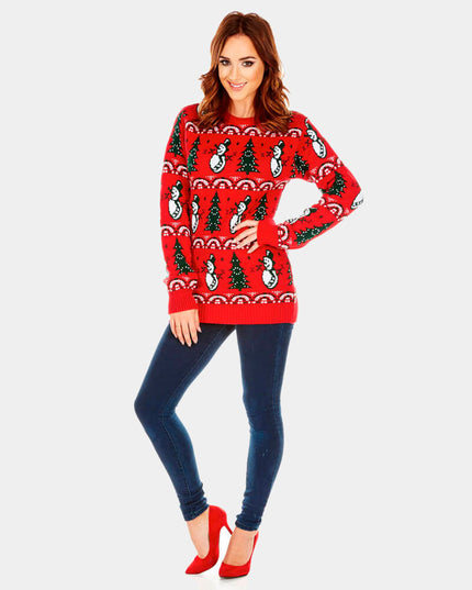 Red Christmas Sweater for Couples with Trees and Snowmen