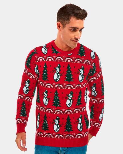 Women's Red Christmas Sweater with Trees and Snowmen