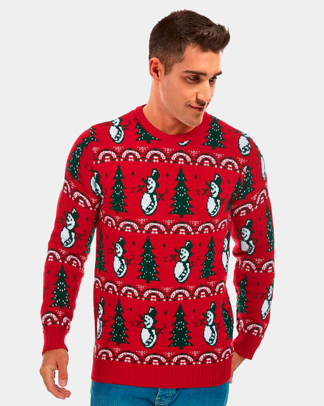 Women's Red Christmas Sweater with Trees and Snowmen