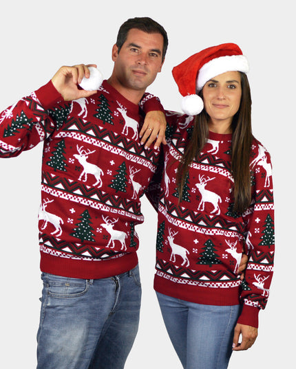Red Couples Christmas Sweater with Trees and Reindeer