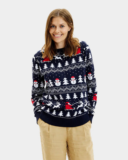 Blue Couple Christmas Sweater with Trees, Snowmen, and Santa in Organic Cotton