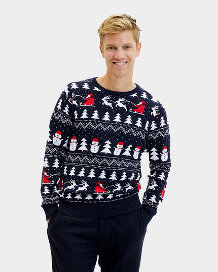 Blue Couple Christmas Sweater with Trees, Snowmen, and Santa in Organic Cotton