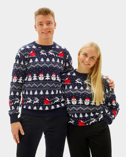 Blue Couple Christmas Sweater with Trees and Snowmen