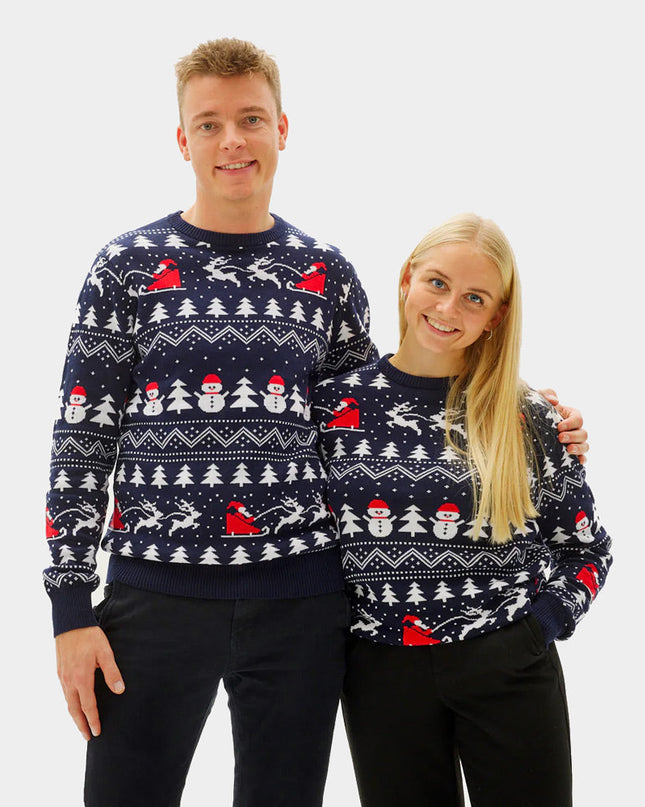 Blue Couples Christmas Sweater with Trees, Snowmen, and Santa