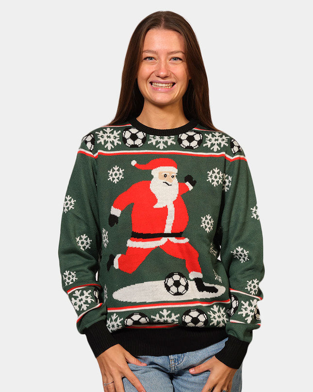 Green Santa Playing Soccer Christmas Sweater
