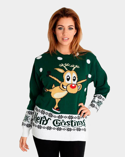 Christmas Sweater for Men Green with Skating Reindeer