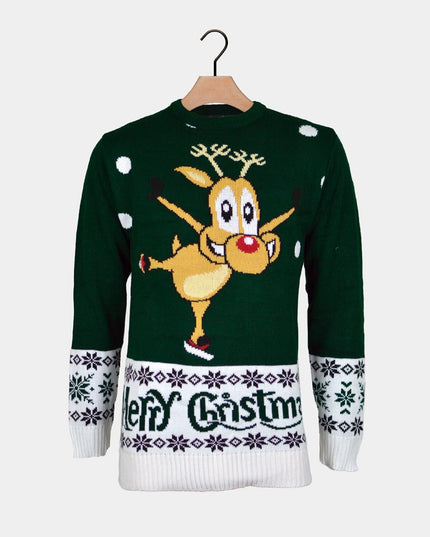 Green Christmas Sweater for Couples with Skating Reindeer