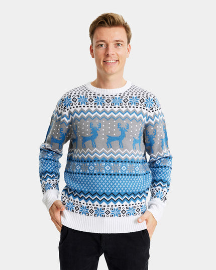 Chic White, Grey, and Blue Reindeer Sweater for Men