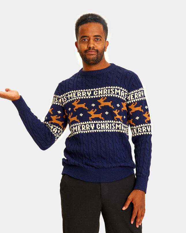 Men's Chic Blue Organic Cotton Reindeer Sweater