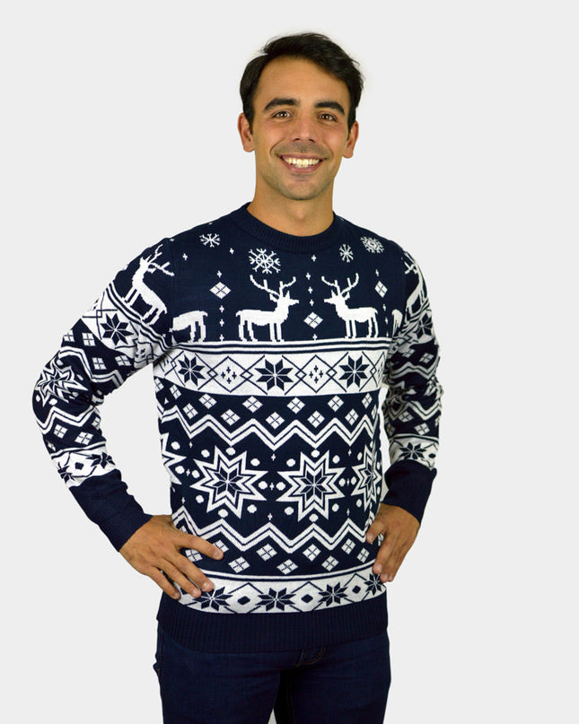 Blue Christmas Sweater for Kids with Reindeer and Nordic Stars