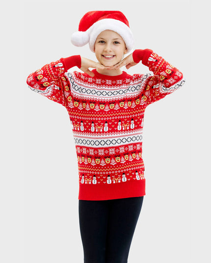 Kids Organic Cotton Sweater Red with Snowmen and Trees