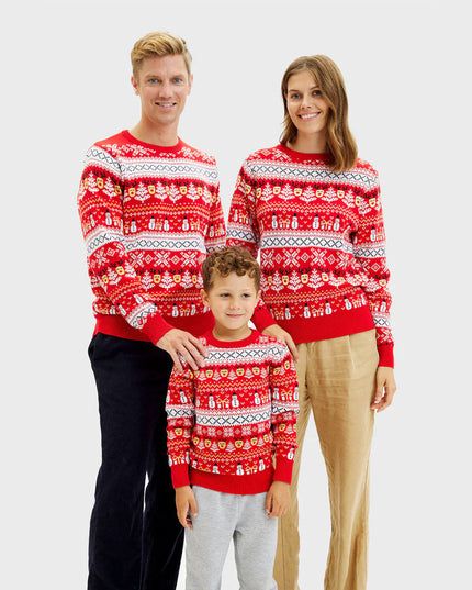 Kids Organic Cotton Sweater Red with Snowmen and Trees