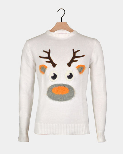 White 3D Furry Reindeer Christmas Sweater for Kids