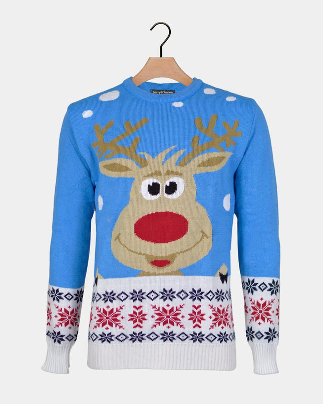 Sky Blue Christmas Sweater for Kids with Reindeer and Snow