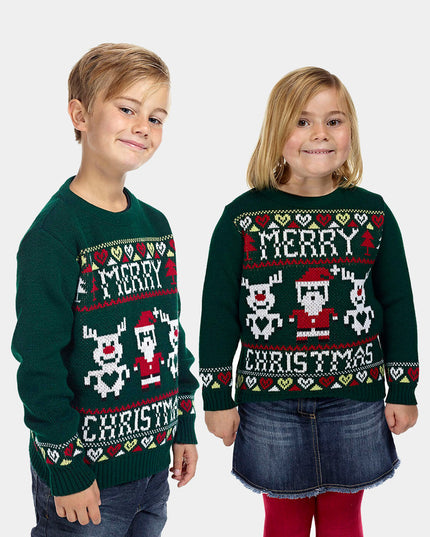 Kids Christmas Sweater Green with Reindeer and Santa