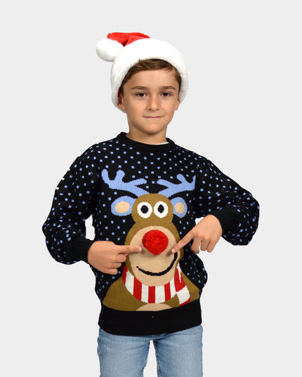 Blue Christmas Sweater for Kids with 3D Red-Nosed Reindeer
