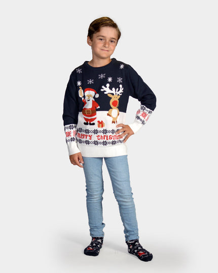 Kids Organic Cotton Sweater Blue Santa and Rudolph