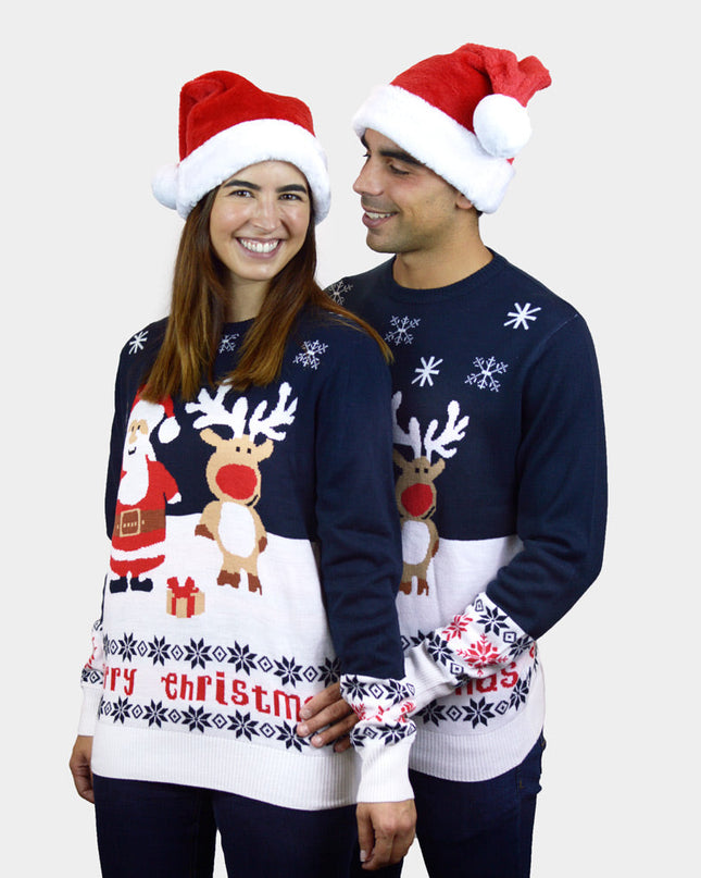 Blue Christmas Sweater for Kids with Santa and Rudolph