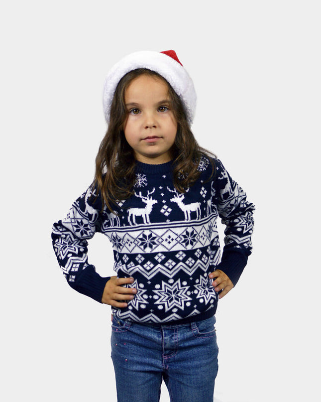 Blue Christmas Sweater for Kids with Reindeer and Nordic Stars