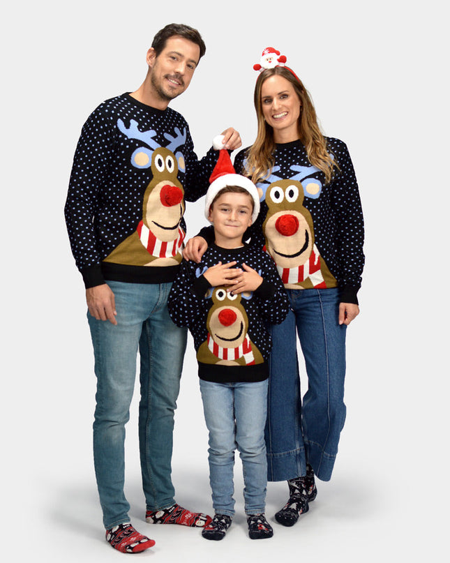Blue Christmas Sweater for Kids with 3D Red-Nosed Reindeer