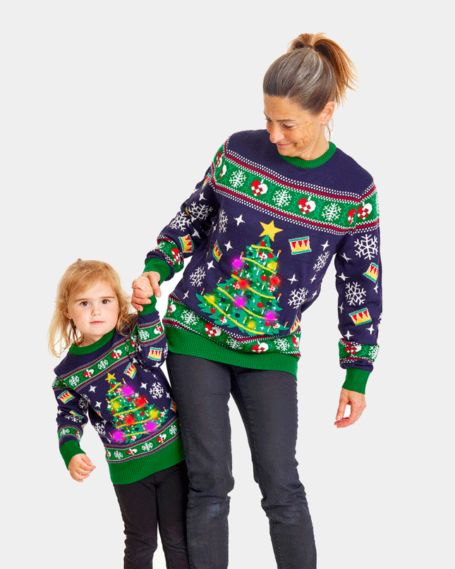Kids Christmas Sweater Blue with Light-Up Christmas Tree