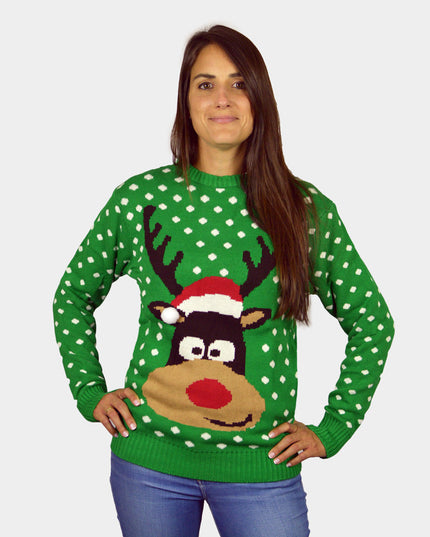 Green Christmas Sweater for Kids with 3D Reindeer Hat