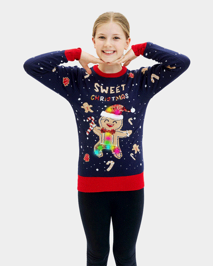 Kids Christmas Sweater Blue with Light-Up Gingerbread