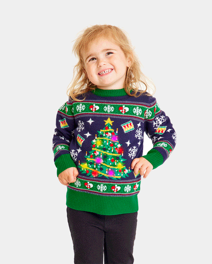 Kids Christmas Sweater Blue with Light-Up Christmas Tree