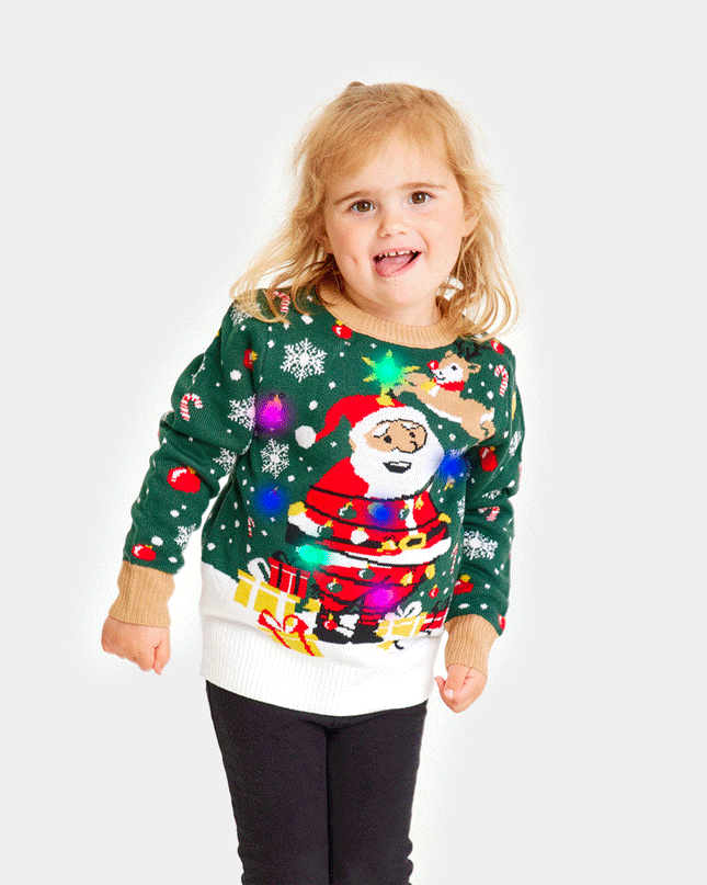 Kids Christmas Sweater LED Light-Up Santa Tied Up