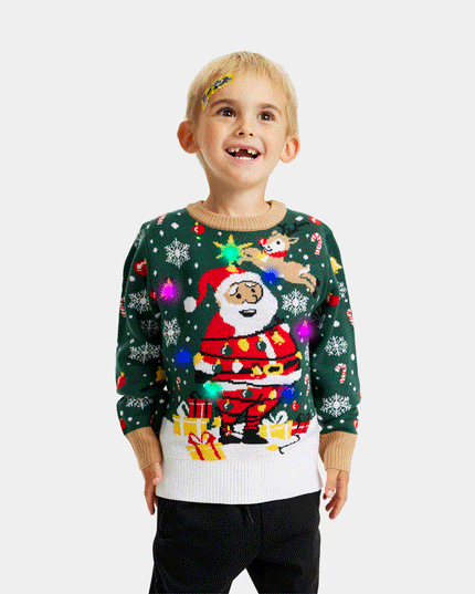 LED Light-Up Christmas Sweater for Kids with Tied Santa