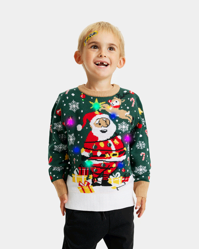 LED Light-Up Christmas Sweater for Kids with Tied Santa