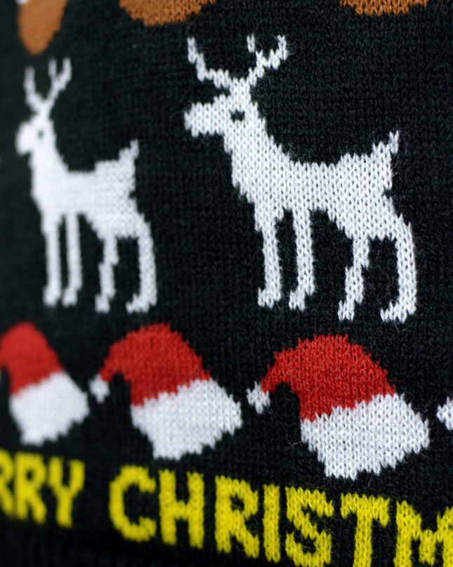 Black Christmas Sweater for Kids with Trees, Reindeer, and Gifts