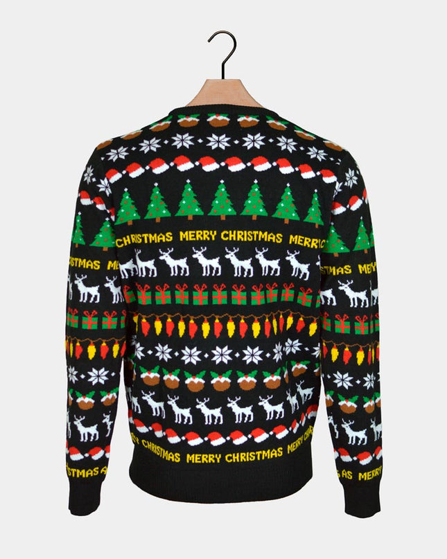 Black Christmas Sweater for Kids with Trees, Reindeer, and Gifts
