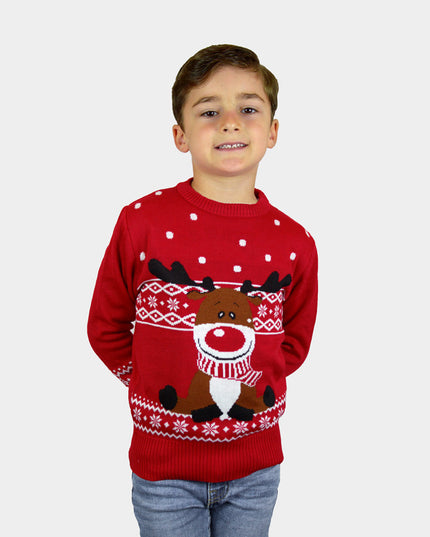 Kids Christmas Sweater Red Rudolph Reindeer with Scarf