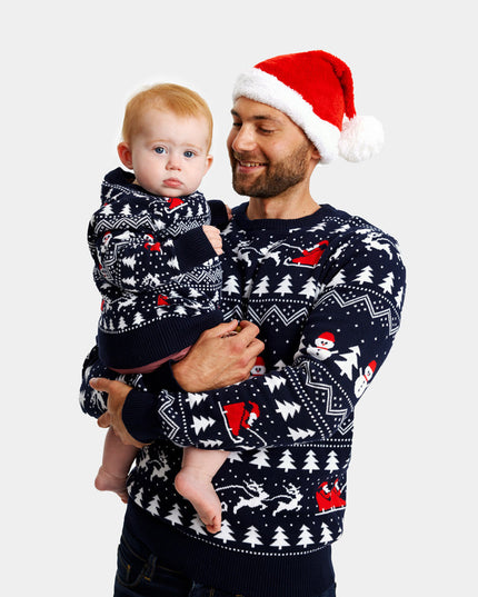 Kids Organic Cotton Sweater Blue with Trees and Santa