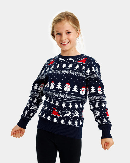 Kids Christmas Sweater Blue with Trees, Snowmen, and Santa