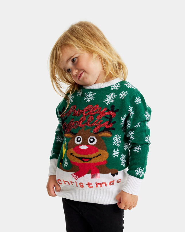 Green Christmas Sweater for Kids with Holly Jolly Sequins