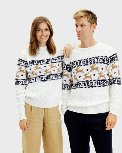 Chic White Family Christmas Sweater with Reindeer in Organic Cotton