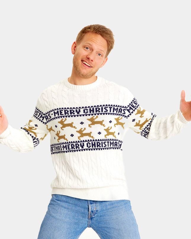 Organic Cotton White Christmas Sweater for Kids with Reindeer