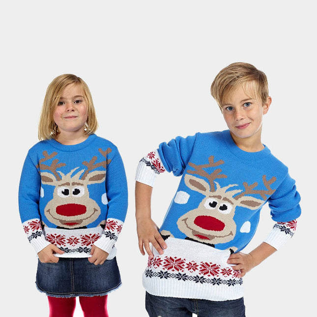 Sky Blue Christmas Sweater for Family with Reindeer and Snow