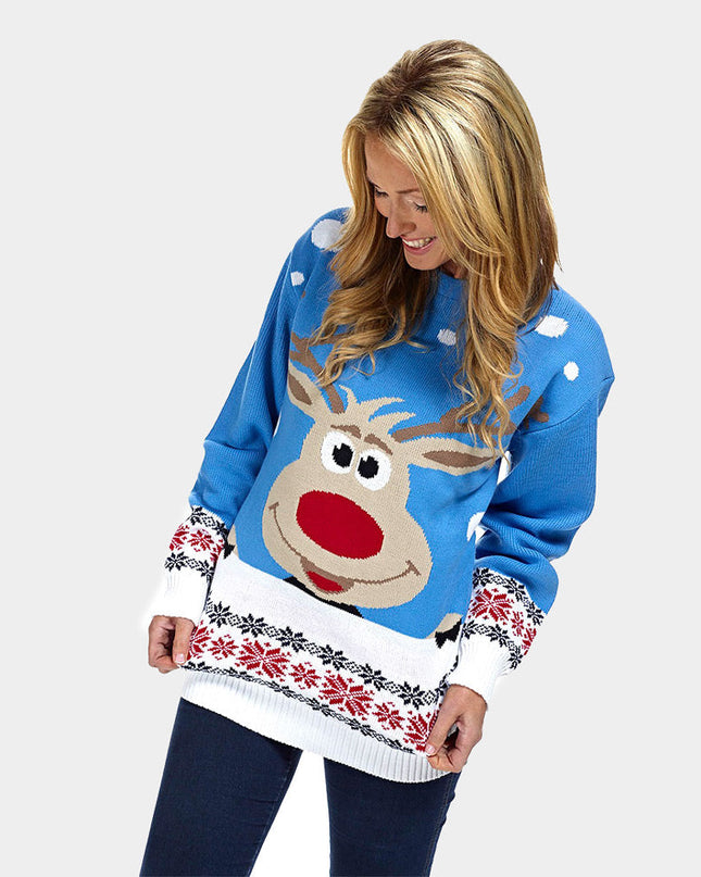 Christmas Sweater for Men Sky Blue with Reindeer and Snow